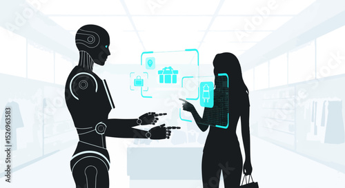 Future Retail Experience Robot Assistant Guiding Customer Through Virtual Shopping Interface in a Modern Store with Digital Displays and Data Visualization