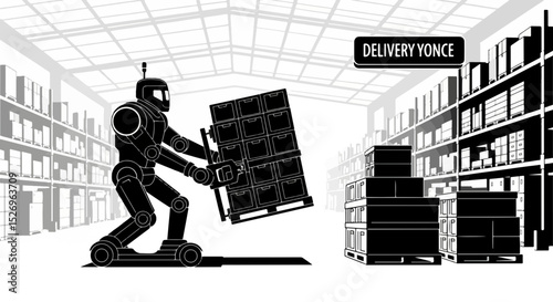 Futuristic Warehouse Delivery System Featuring a Robot Transporting Goods with Efficiency and Precision for Delivery Yonce a Modern Logistics Solution