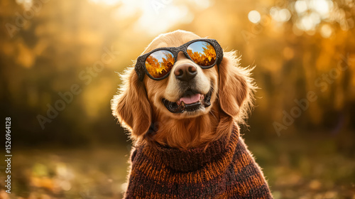Dog wearing sunglasses and a sweater is smiling