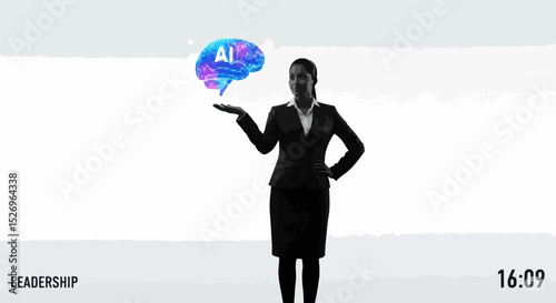 AI Leadership A Businesswoman Presents Artificial Intelligence as the Future of Business and Innovation Represented by a Colorful Brain Illustration Hovering Above Her Hand