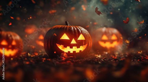 Pumpkin with a smiley face on it is surrounded by other pumpkins
