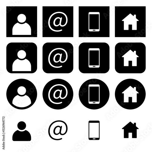 Set of contact icons. Profile, email, cell phone and address. Set of black round and square icons.