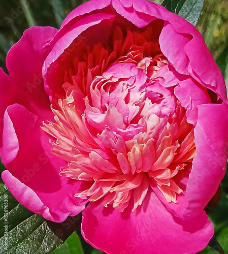 Close-up of blooming pink peony flower showcasing vibrant petals in full bloom