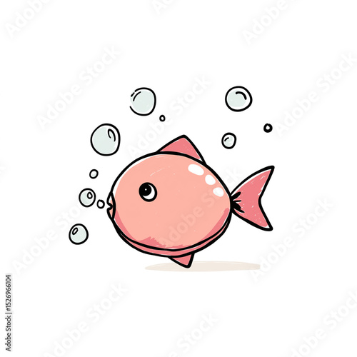  charming illustration of cute pink fish blowing bubbles isolated on white background