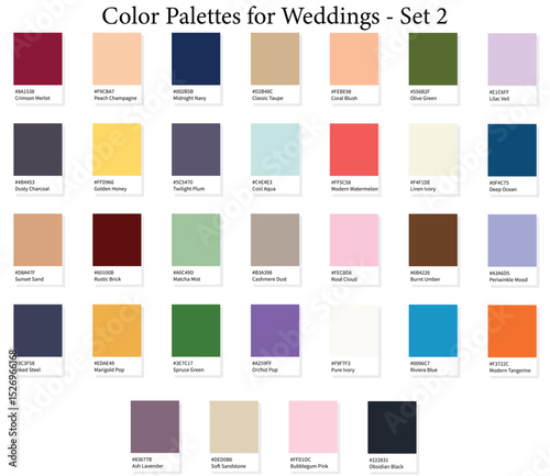 Wedding Color Palettes Single Color Chart 2 - 3d Marriage Luxury, Modern, All Season Colours, Color Schemes with Hex Codes and Names, Colour Swatches and Combinations, Vector Illustration