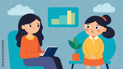 A young girl attending a personalized therapy session where she learns coping mechanisms for her social anxiety.. Vector illustration
