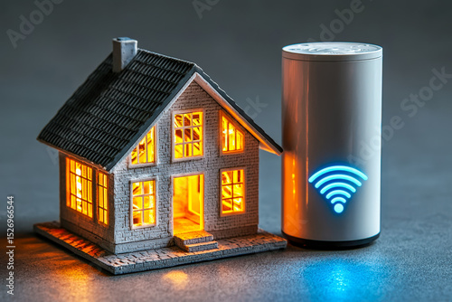 Miniature house with illuminated windows and a smart speaker with Wi-Fi icon on dark background