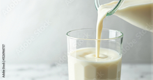 A high-resolution stock photo of fresh skim milk being poured into a glass, perfect for dairy product advertisements and health-focused content.