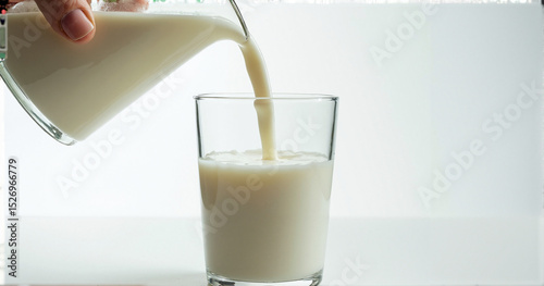 A high-resolution stock photo of fresh skim milk being poured into a glass, perfect for dairy product advertisements and health-focused content.