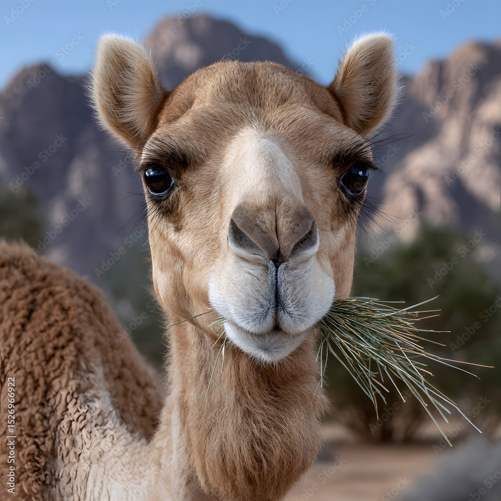 Fototapeta premium Close-up of a camel eating grass. Desert landscape in background