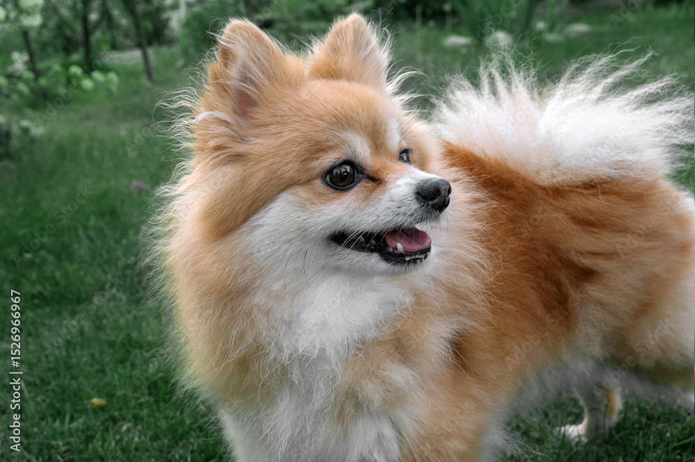 Pomeranian spitz, pom pom close up portrait. Dog in the natural environment Pomeranian spitz, pom pom close up portrait. Dog in the natural environment