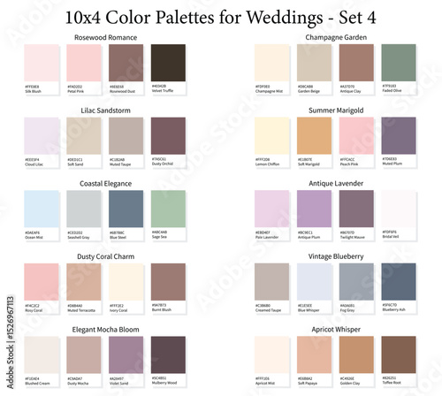Wedding Color Palettes 10x4 Set 4 - 3d Marriage Luxury, Modern, All Season Colours, Color Schemes with Hex Codes and Names, Colour Swatches and Combinations, Vector Illustration