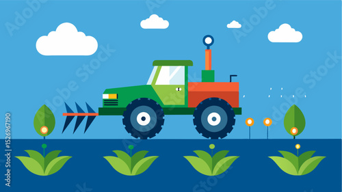 A sensorequipped tractor spreading fertilizers in precise amounts based on realtime nutrient data.. Vector illustration