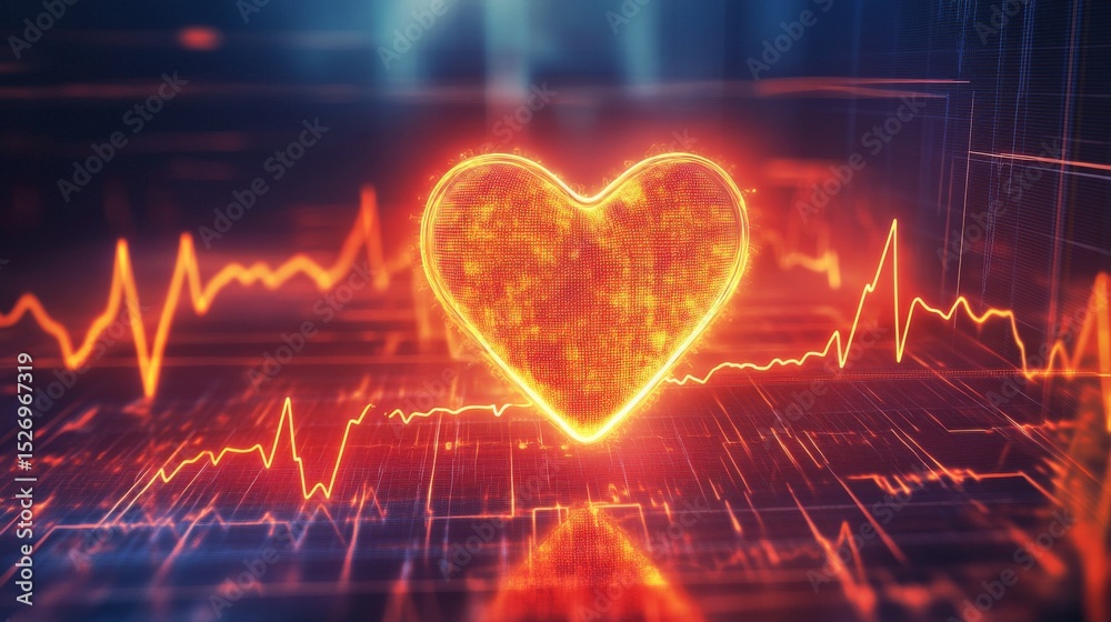 Heartbeat trace with heart-shaped overlay on electrocardiogram monitor display Heartbeat trace with heart-shaped overlay on electrocardiogram monitor display