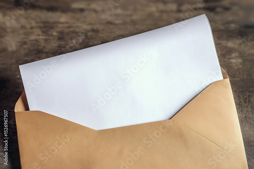 Blank sheet of paper peeking from a brown envelope on a table