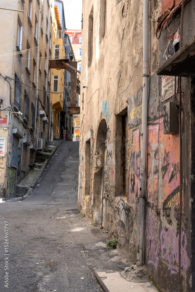 Fototapeta premium Narrow street painted with graffiti with old houses leading up a mountain in Istanbul, Turkey