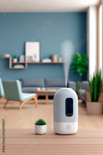 Modern humidifier releasing mist in stylish living room interior with cozy furniture, blue walls and minimalistic decor for wellness and comfort