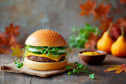 Fresh cheeseburger with greens and pickles on wooden table, surrounded by autumn decor and mustard sauce in cozy seasonal setting
