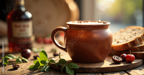 A close-up, high-resolution stock photo of traditional Russian kvass in a clay mug, perfect for promoting artisanal drinks and Eastern European cuisine.