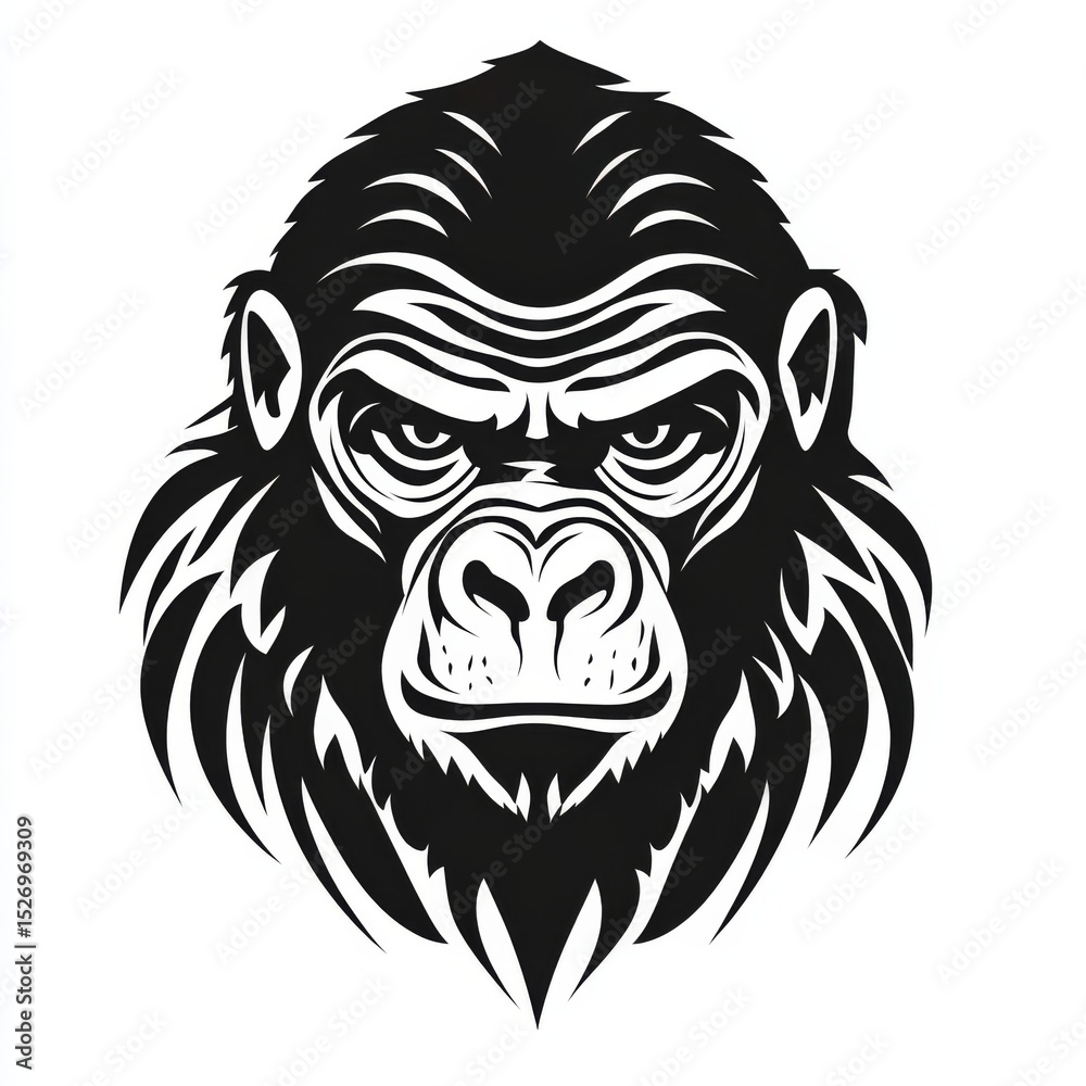 Fototapeta premium Black and white vector illustration of a gorilla head with bold lines and fierce facial expression. Represents strength, power, and can be used in branding, tattoos, or mascots.