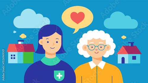 An elderly woman and her home care professional attending a local community event promoting brain health awareness and providing resources for maintaining a healthy brain as one. Vector illustration