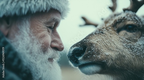 Conversation between a bearded man and a reindeer in winter scenery
