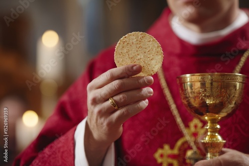 Priest in red vestments holding a communion wafer and golden chalice during a Eucharist ceremony. Symbolic religious moment suited for faith, church, and sacrament themes.