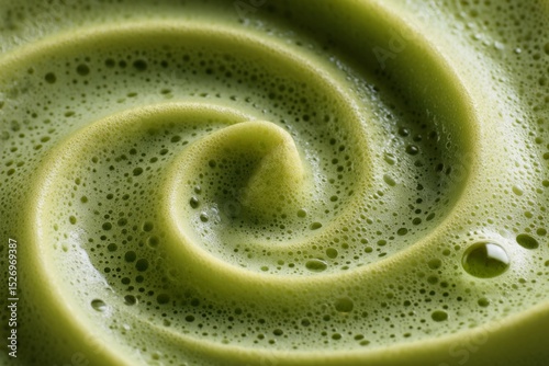 Close-up of a vibrant green matcha foam with a swirling pattern and delicate bubbles. Ideal for beverage branding, wellness content, and food or drink design backgrounds.