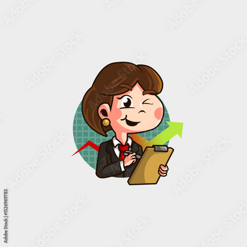 cute cartoon mascot logo of a woman in a suit, short hair analyzing business to make a profit