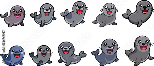 Baby seal cartoon set vector illustration