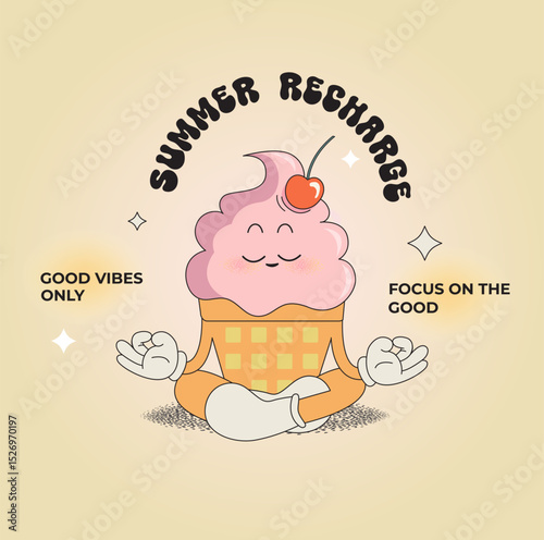 Lovely ice cream character in yoga pose,funny summer food-sundae, gelato. Sweet kawaii delicacy with cherry on top for kids. Template for greeting,invitation,poster, flyer, web.Vector illustration