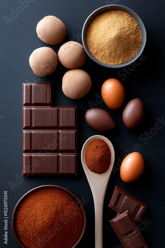 Flat lay of chocolate truffles, bars, cocoa powder, sugar and eggs on dark background, showcasing ingredients for baking or dessert preparation