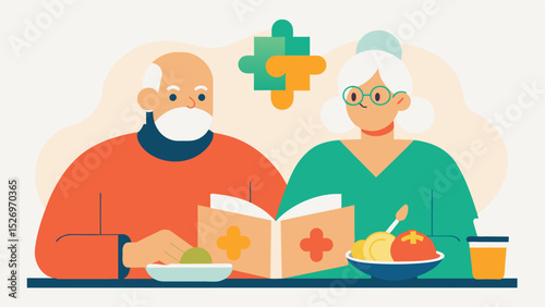 An elderly couple enjoying a healthy meal together surrounded by books and puzzles highlighting the link between proper nutrition and cognitive function in older adults.. Vector illustration