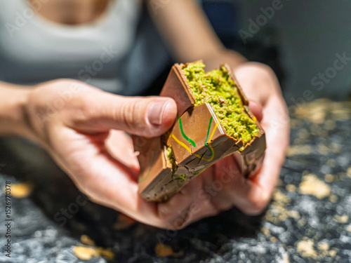 A detailed close up of a woman's hands breaking open the viral Dubai chocolate with its famous crunchy pistachio filling