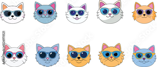 Happy cat face with glasses cartoon set vector illustration