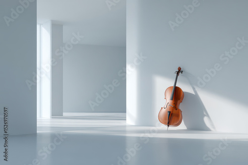 minimalist interior scene featuring single musical instrument prominently placed in center