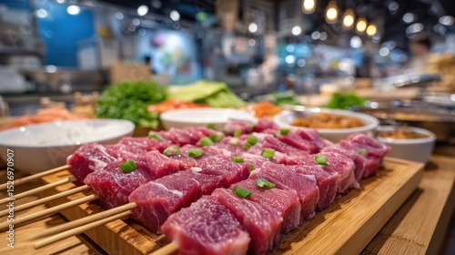 Skewers of marinated meat sit on a wooden platter, ready for grilling. Surrounding the skewers are fresh vegetables and side dishes, creating an inviting atmosphere in a bustling food market.
