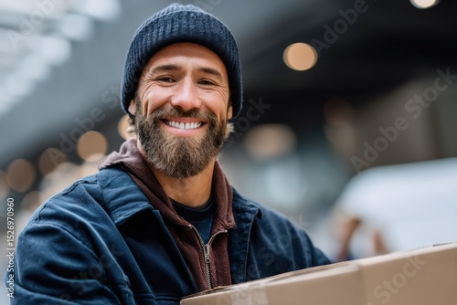 A cheerful delivery worker stands outdoors, grinning as he holds a large cardboard package.