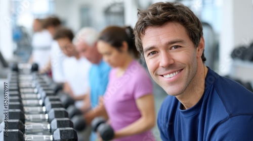 A group of individuals exercises at a contemporary gym during the afternoon, focusing on strength training. They use dumbbells and equipment, fostering a shared commitment to fitness and health.