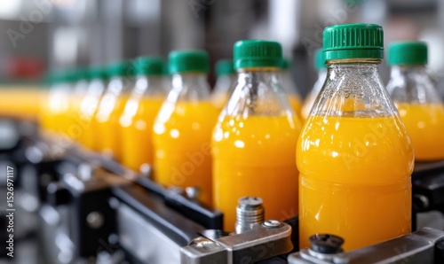 Brightly colored bottles of orange juice are lined up on a conveyor belt in a production facility.