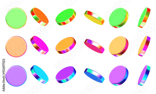 3d glass coin, disk, podium or shape element. Holographic circle figure. Y2k neon abstract element. Stock vector illustration on isolated background.