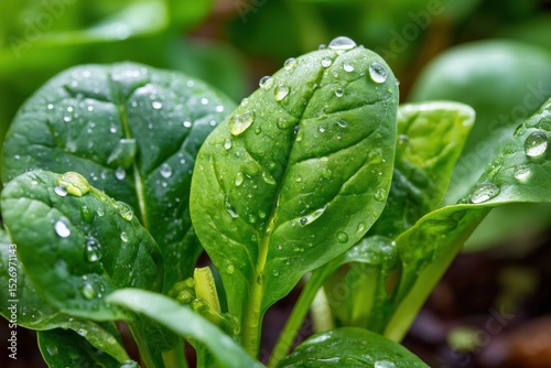 Vibrant spinach leaves covered in droplets of water thrive in a garden setting. The fresh greenery reflects the light of the morning sun, indicating healthy growth and careful cultivation.