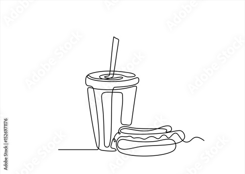 Hot dog and soda in continuous one line art drawing style. Fast food set with drink and hot dog. Street food. Hand drawn one line vector. Editable stroke	