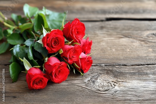 A beautiful bouquet features fresh red roses with delicate petals and lush green leaves, resting on a rustic wooden table that enhances the natural beauty of the flowers.