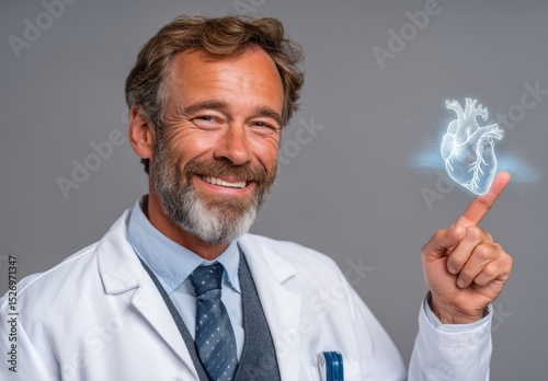 Healthcare professional in a lab coat smiles while pointing at a digital heart graphic. The setting highlights advanced medical technology and a warm atmosphere conducive to patient care.