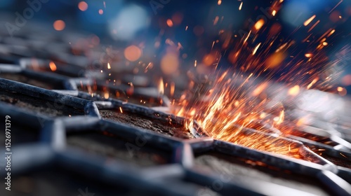 Bright sparks erupt from the contact of molten metal and steel mesh, showcasing intense heat and energy in an industrial setting. This dynamic moment captures the essence of metalworking.