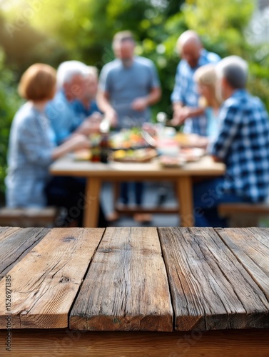 Friends are gathered around a wooden table, sharing a meal in a vibrant garden. Laughter and conversation fill the air as they enjoy each other's company on a sunny afternoon.