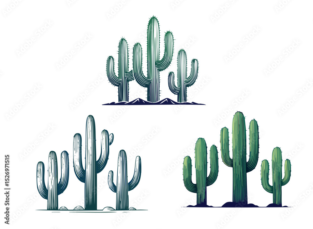 Cactos coloridos em grupo no estilo vetorial