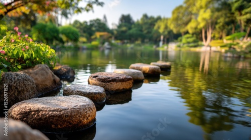 Stepping stones lead across calm water reflecting vibrant greenery, creating a serene atmosphere in a tranquil garden setting during midday.