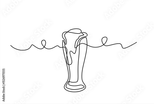 Continuous one line drawing of beer glass with foam. Hand drawn one line vector. Editable stroke	